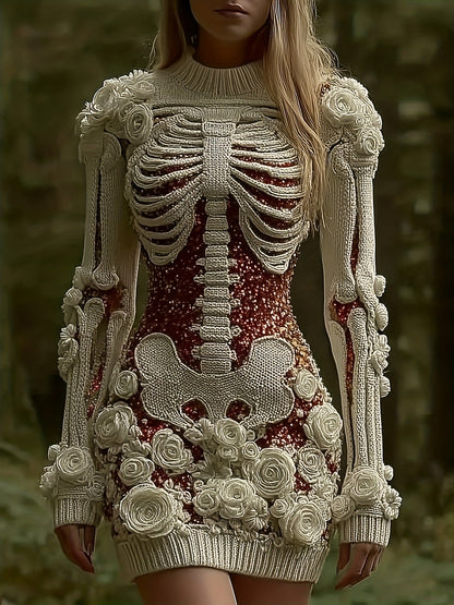 Women'S Gothic Skeleton Print Bodycon Skirt - Dark Halloween Party Skirt with Round Neck & A-Line Silhouette, Mid-Length Pencil Skirt for Fall/Winter, Non-Stereoscopic Bone Design for Themed Events & Casual Attire (No Padding SS69