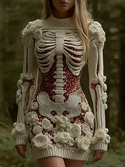 Women'S Gothic Skeleton Print Bodycon Skirt - Dark Halloween Party Skirt with Round Neck & A-Line Silhouette, Mid-Length Pencil Skirt for Fall/Winter, Non-Stereoscopic Bone Design for Themed Events & Casual Attire (No Padding SS69