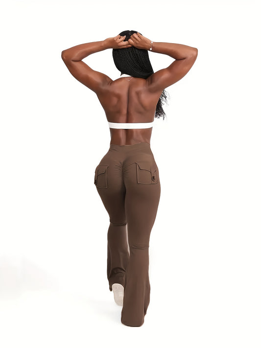 Full Of Elasticity Slim Fit Women's Pocket Yoga Pants - High Waist, Wide Legs, Solid Color, With Phone Pocket - SS69