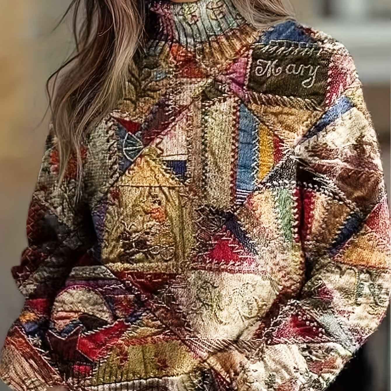 Plus Size, 2D Flat Pattern Women's Pullover 3D Printed Pattern Sweater Long Four Seasons Mixed Vintage