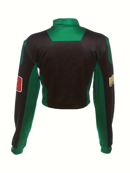 Women's Trendy Streetwear Letter Print Cropped Bomber Jacket - Red & White Casual Zip-Up with Graphic Design, Lightweight Polyester Blend for All Seasons, Fashion Forward Clothing | Trendy Casual Jacket | Polyester Blend Jack SS69