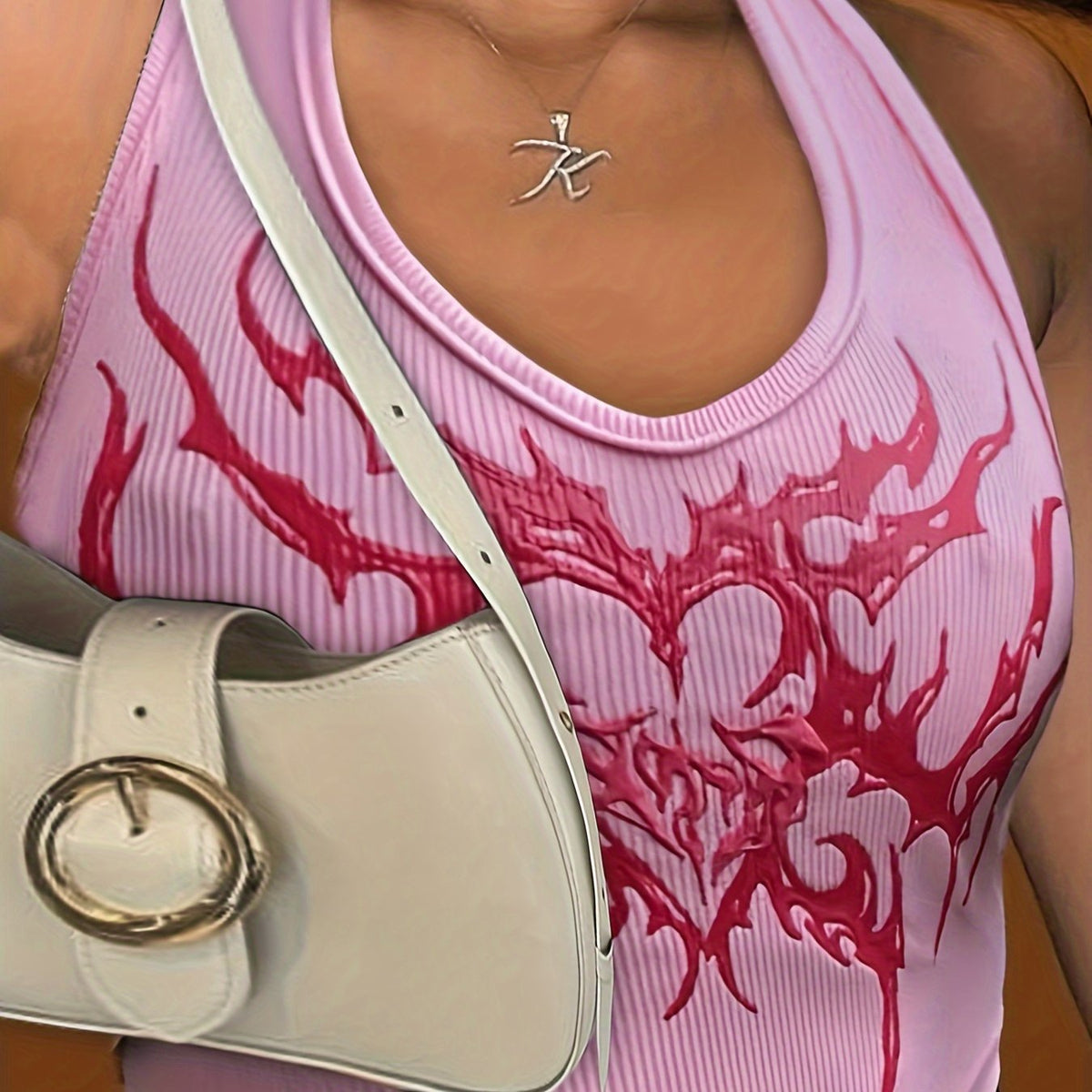 1pc Women'S Sexy Polyester Round Neck Tank Top, Spring/Summer/Autumn Casual Sleeveless Knitted Vest with Graphic Print Design SS69 7.69 Bright Pink Color / XXL