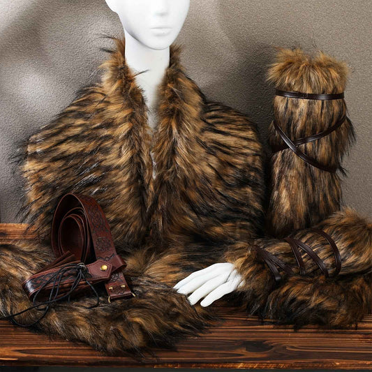 Ancient Warrior, Viking-Inspired Costume Set - 11pcs With Faux Fur Collar, Belt, Medieval Pouch, Leg & Hand Warmers For Halloween Party, Halloween Costumes
