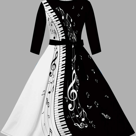Women'S Stylish Piano Print Dress - Black & White with Musical Notes, Short Sleeve, Round Neck, A-Line Silhouette, Summer Casual Wear, Piano Gifts