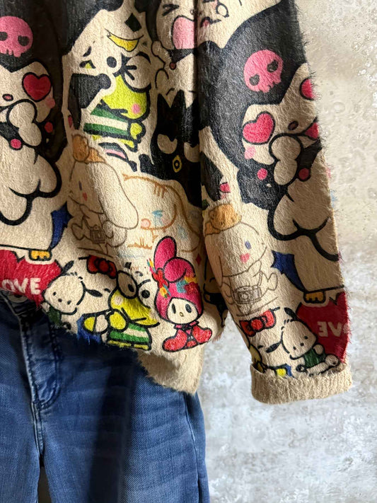 Sanrio for kuromi Women'S Vintage-Inspired Faux Fur Sweater - Cozy Loose Fit, Color-Block Design with Playful Cartoon Print, Long Sleeves, Round Neck, Perfect for Fall/Winter, Casual Wear, Casual Wear Sweater | Playful Print
