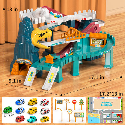 Dinosaur-Themed Racing Track Designed for Toddlers, Featuring a Toy Car Ramp And a Playset That Includes 10 Cars, Suitable for Children Aged 3 to 8 Years.