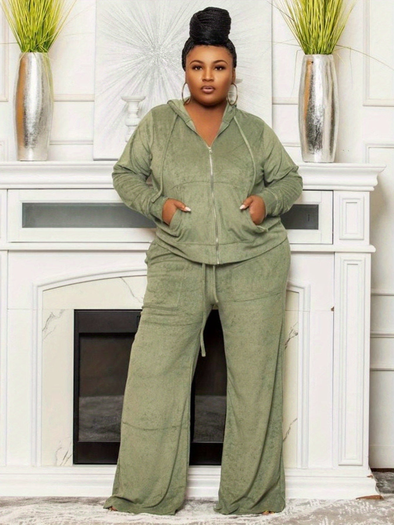 Plus Size - New Autumn And Winter Women'S Clothing in Large Sizes Featuring Solid Color Casual High-Waisted Wide-Leg Pants in a Two-Piece Set.