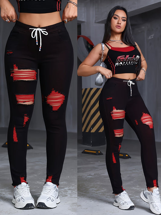 Women's High-Waisted Stretch Skinny Jeans - Black with Red & Green Thread Geometric Pattern, Y2K Distressed Ripped Cuffs & Slant Pockets, 85% Rayon/2% Elastane/13% Polyester Blend, Machine Washable All-Season Casual Pants SS69