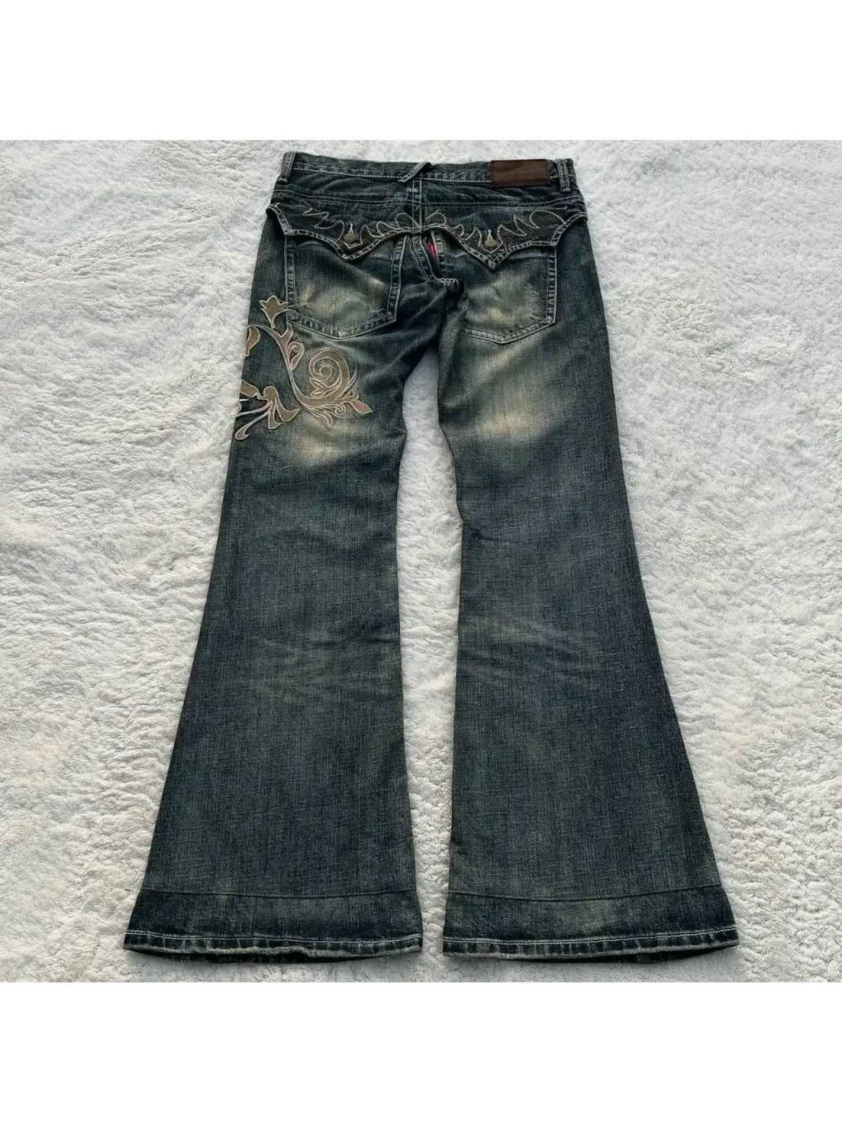 Women's Vintage Y2K Jeans - Mid-Rise Flared Pants, Washed Black Retro Leggings for 2000s Fashion Outfits, Casual & Formal Events - All-Season Jeans, Embroidered Details, Durable Fabric, Stylish Bottoms, Women, Trendy Outfit,