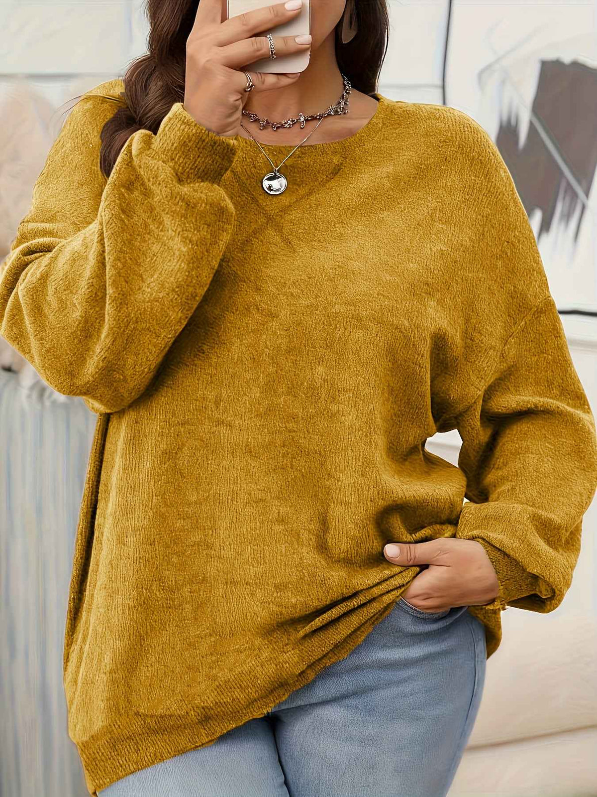 Plus Size - Women'S Solid Color Crew Neck Sweater | Casual Style, Medium Stretch Fabric, Ideal for Fall/Winter