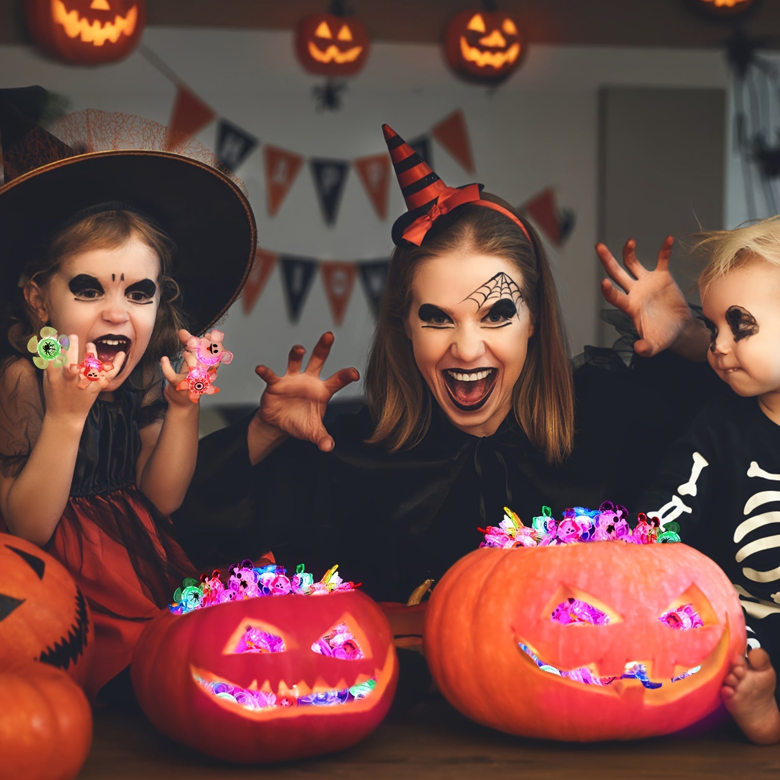 10/20/50pcs Ghost Fashion Halloween Glowing Ring, Pumpkin Skull Spider Web Bat Design, Horror Prop Supplies, Halloween Decoration, Festival Ring Design, Gift, Ring Packs. SS69