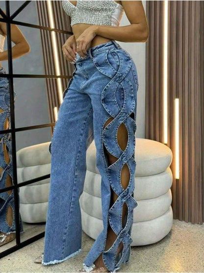Women'S High-Waisted Wide-Leg Jeans with S-curve Side Cut-Out Design - Stretch Denim, Comfort Fit Leg-Lengthening Pants for Spring/Summer Streetwear & Date Nights, High Waisted Jeans, Date Night Attire, Fashionforward Look, S
