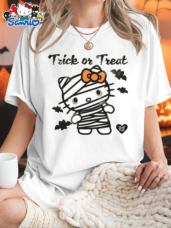 Sanrio Official Halloween Hello Kitty T-Shirt - Mummy Wrapped Graphic Tee with Orange Pumpkin, Casual Costume Party Outfit or Everyday Shirt for Women & Teens (S-XXL, Multi-Color Options) - Cute Sanrio Apparel, Halloween Clot SS69