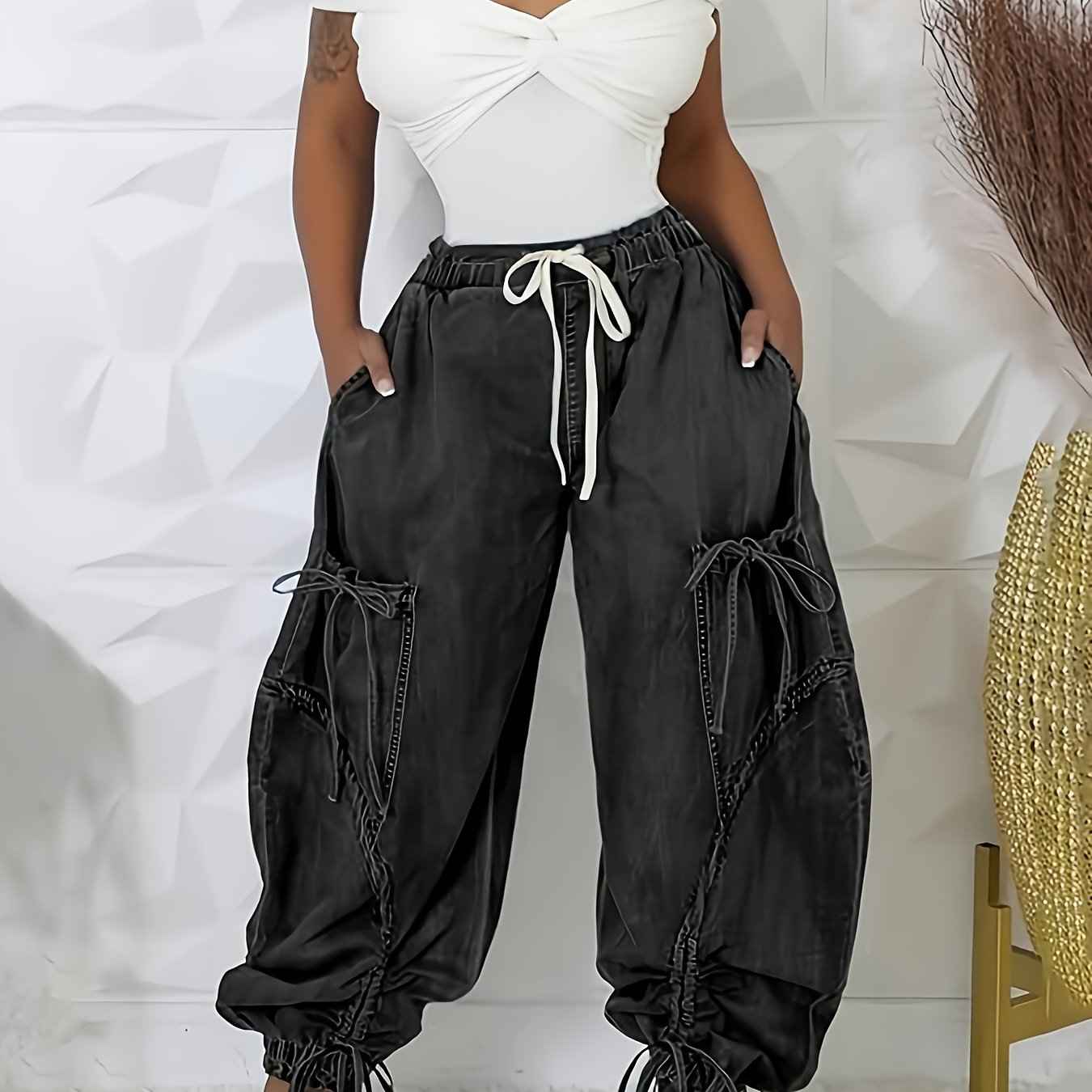 Womens Baggy Jeans Women'S Fashionable Drawstring Lace-up