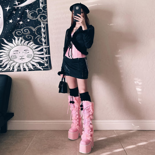 Womens Winter Punk Goth Boots - Faux Fur Lined, Side Zipper, Lace Up, Chunky Heel, Platform, Warm, Knee High, Mid Calf, Block Heel, Snow Walking Boots For Women - SS69