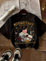 Women's Romanticasy Graphic Tee - Soft Crew Neck Short Sleeve T-Shirt with Book & Heart Design, Casual Everyday Top SS69