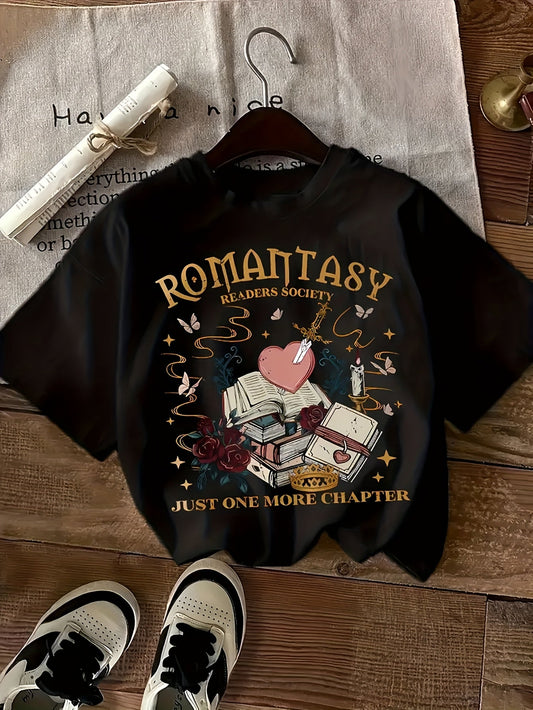 Women's Romanticasy Graphic Tee - Soft Crew Neck Short Sleeve T-Shirt with Book & Heart Design, Casual Everyday Top SS69