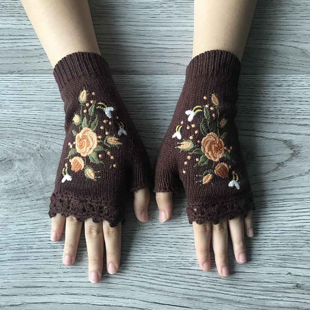 Short Fingerless Elastic Flower Bee Embroidered Knit Gloves Autumn Winter Coldproof Warm Gloves