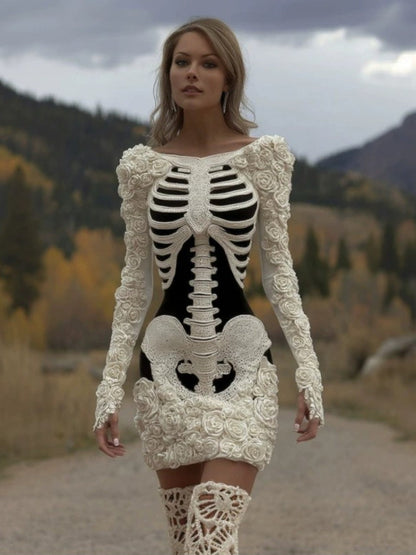 Women's Gothic 3D Skull Sweater - Retro Winter Warm Crewneck Sweater with Skull & Bone Pattern, Long Sleeve Hand Washable Fall Winter Sweater for Halloween Costume or Casual Outfit (Cozy Knitwear) SS69