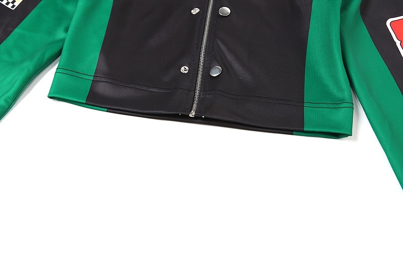 Women's Trendy Streetwear Letter Print Cropped Bomber Jacket - Red & White Casual Zip-Up with Graphic Design, Lightweight Polyester Blend for All Seasons, Fashion Forward Clothing | Trendy Casual Jacket | Polyester Blend Jack SS69