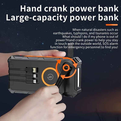 [Wireless Power Bank] 30000mAh Power Bank Wireless Charger | 15W Fast Charging, 7 Outputs, 4 Inputs, Solar Portable, SOS/Strobe/Strong Flashlights, Hand Crank, 3 Cables - Orange