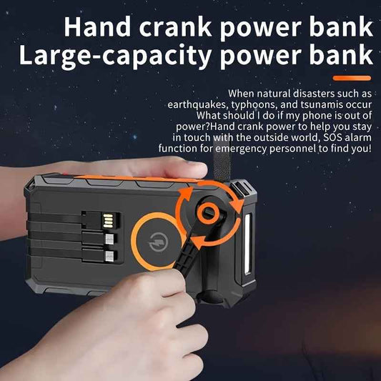 [Wireless Power Bank] 30000mAh Power Bank Wireless Charger | 15W Fast Charging, 7 Outputs, 4 Inputs, Solar Portable, SOS/Strobe/Strong Flashlights, Hand Crank, 3 Cables - Orange