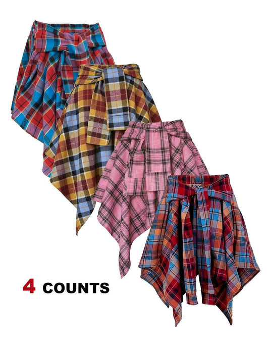 Plus Size - Plus Size - 4-Pack Plus Size Pleated Plaid Skirt | Women High Waist A-Line Elastic Waist Midi Skirt Casual Vintage Checkered Skirt With Slight Stretch Fabric