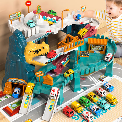 Dinosaur-Themed Racing Track Designed for Toddlers, Featuring a Toy Car Ramp And a Playset That Includes 10 Cars, Suitable for Children Aged 3 to 8 Years.