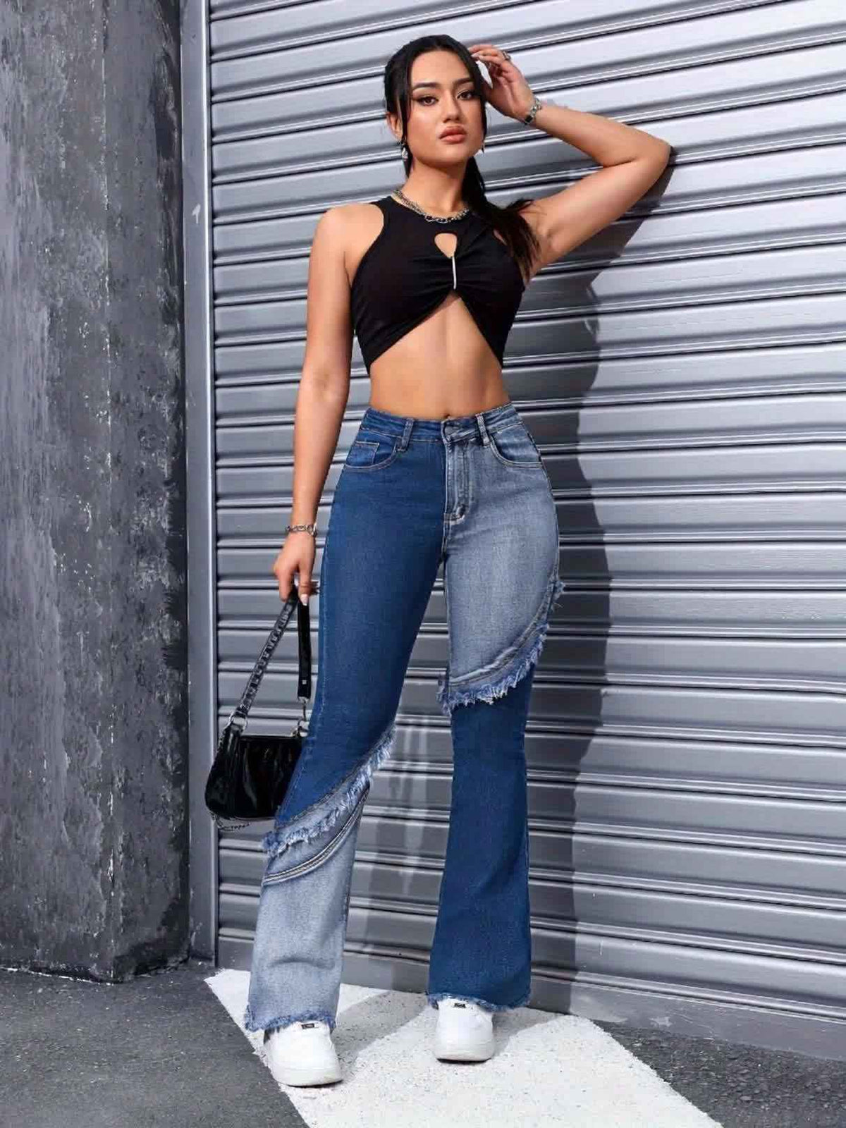 Women's High Waist Stretch Denim Jeans - Slim Fit Y2K Street Style with Two-Tone Patchwork & Raw Edge Flared Legs, Machine Washable Blue Washed Trousers, Trendy Outfit Pants, Bellbottom Silhouette, Detailed Stitching