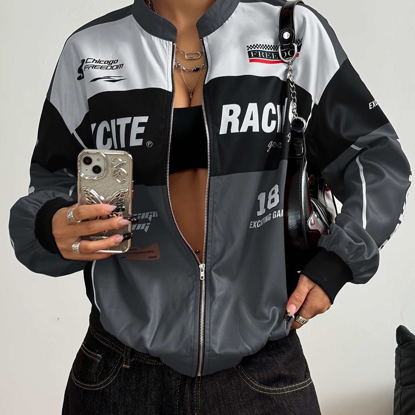 Women'S Vintage-Inspired Letter Print Bomber Jacket - Long Sleeve Zip-Up with Stand Collar, Lightweight Polyester, Black & White Design, Casual Chic for All Seasons SS69 23.69 Mixed Color 2 / XL