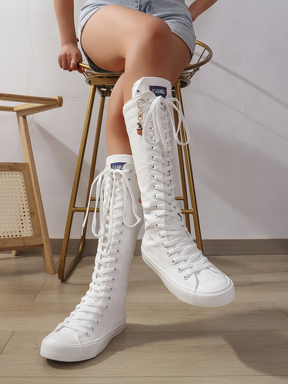 YUANBU Women'S Stylish Black Knee-High Boots with Colorful "YUANBU" Lettering - Casual Flat Sole, Side Zipper, Lightweight Sneakers for Halloween, Parties & Daily Wear, Sizes 5-12, Halloween Shoes SS69