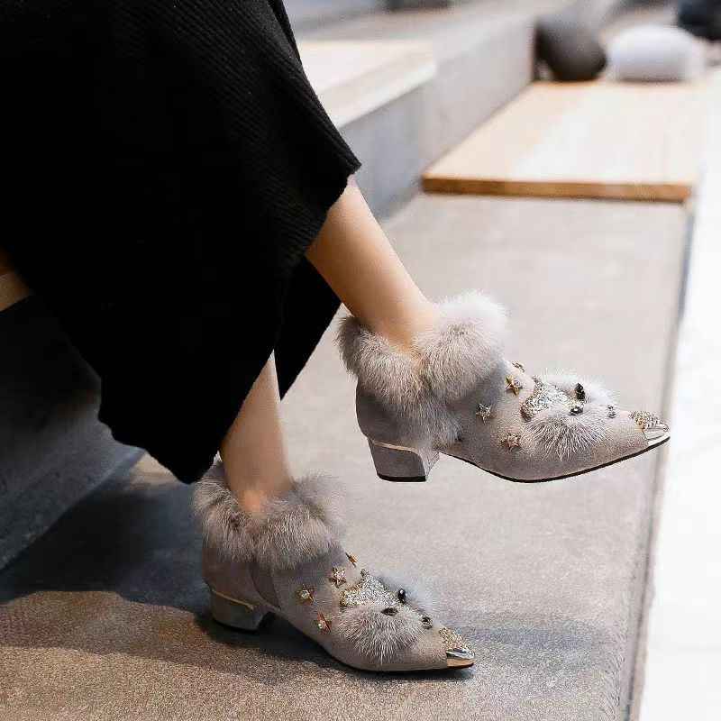 Fashio Pointed Toe faux fur Shoes for Women, Large Size, Fleece-Lined, Thick Heel, Thick Sole, Autumn Winter Warm Shoes