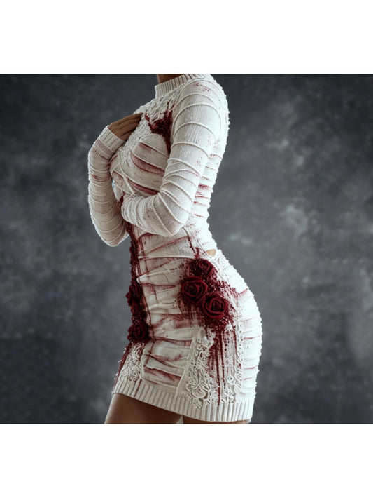 Women's Gothic Skeleton Print Sweater Dress - Form-Fitting Short Sleeve A-Line Dress with Round Neck, Hand Washable Costume Party Outfit for Halloween, Themed Events & Casual Wear (Skeleton Pattern) SS69