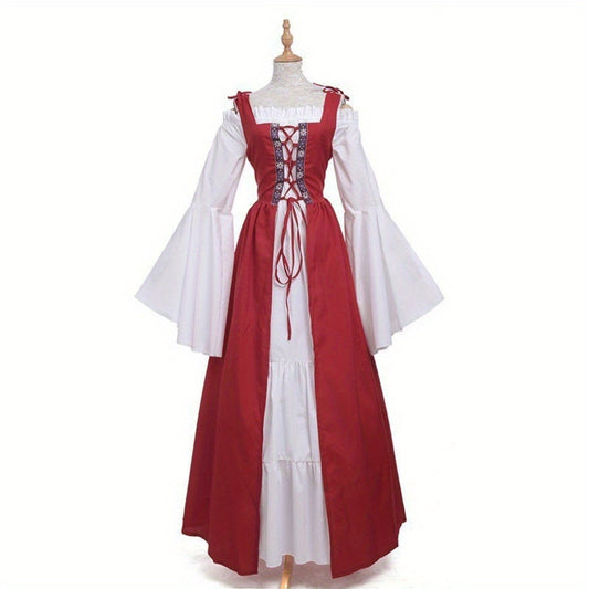 [Elegant Medieval Costume] Elegant Women's Medieval Two-Piece Costume - Renaissance Drama Outfit with Corset-like Bodice & Long Flowing Skirt | Halloween, Renaissance Faire, Themed Parties | Burgundy/White, Black/White, Green