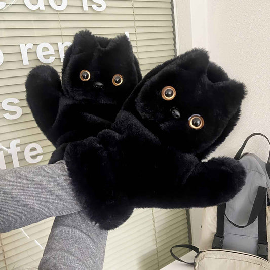 Black Cat Plush Gloves, Winter Warm Cute Cycling Thickened Double-Layer Windproof Neck Warmer Mittens, Wrist Cat, Cat Paw Mittens, Cat Paw Mitts, Cat Embroidery Mittens For Women, Cat Paws For Women,  Wrist Warmer Mittens, Do