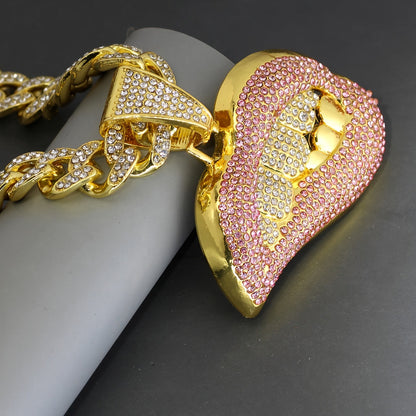 Shiny Lips Pendant Necklace - Unisex Hip-Hop Ice Cuban Link Miami Necklace, 1 Piece SS69