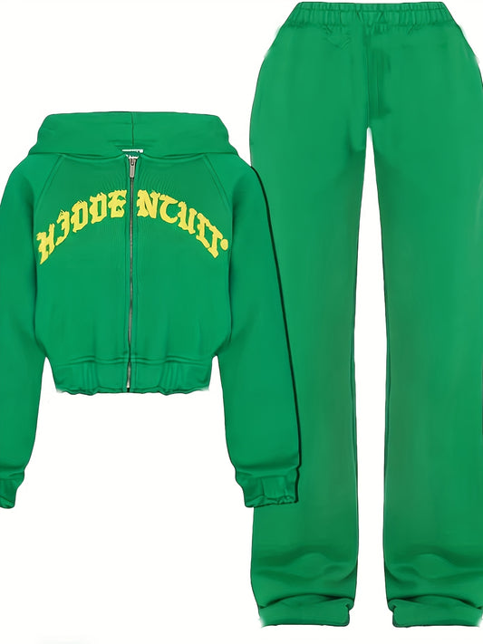 Chic Women's Athletic Set: Full-Zip Hoodie & Slim-Fit Pants - Comfortable, Adjustable, and Stylish with Letter Print Design - SS69