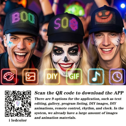 1 Programmable LED Display Hat, DIY Text Scrolling Information, APP Control, Multiple Patterns And Animations, Creative Hat, Adjustable Size, Suitable For Both Men And Women, Suitable For Gatherings And Carnivals, Halloween A SS69