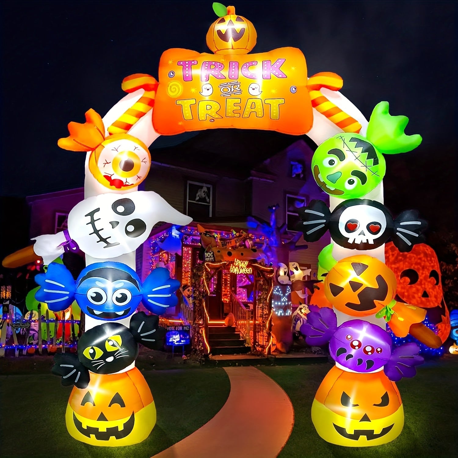 Kalolary 10ft Halloween Inflatable Archway with Candy, Pumpkins, Bats & Skulls - LED-Lit Spooky Yard Decor, High Quality Polyester, Built-in Blower, Stakes & Ropes for Indoor/Outdoor Garden, Lawn, Patio SS69