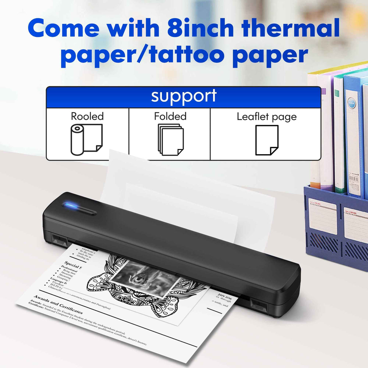 Portable Printer Wireless For Travel, Thermal Printer Inkless, Small Compact Printer Support Folding Paper/rolling/tattoo paper, Work With Laptop Phone And Pad