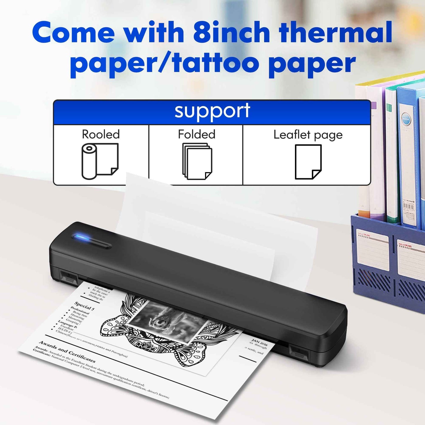 Portable Printer Wireless For Travel, Thermal Printer Inkless, Small Compact Printer Support Folding Paper/rolling/tattoo paper, Work With Laptop Phone And Pad
