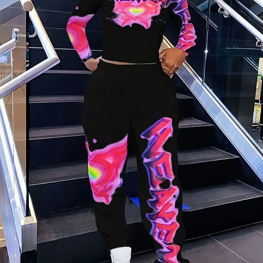 [Vibrant Y2K-Inspired Activewear Set] Vibrant Y2K-Inspired Heart & Letter Print Activewear Set - Long Sleeve Crop Top & Drawstring Joggers, Polyester/Spandex Blend, Perfect for Daily Fitness & Outdoor Fashion - SS69
