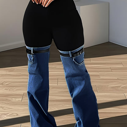 Trendy Two Tone High Elastic Waist Jeans - Women Patchwork Streetwear Style With Garter Belt Detail SS69 27.69 Medium Blue / S