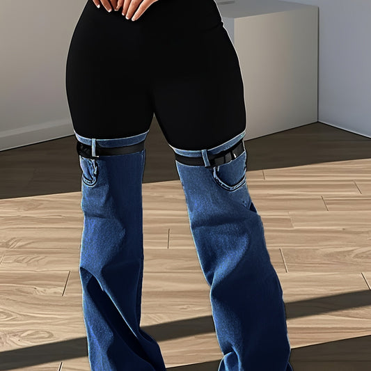 Trendy Two Tone High Elastic Waist Jeans - Women Patchwork Streetwear Style With Garter Belt Detail SS69 27.69 Medium Blue / S