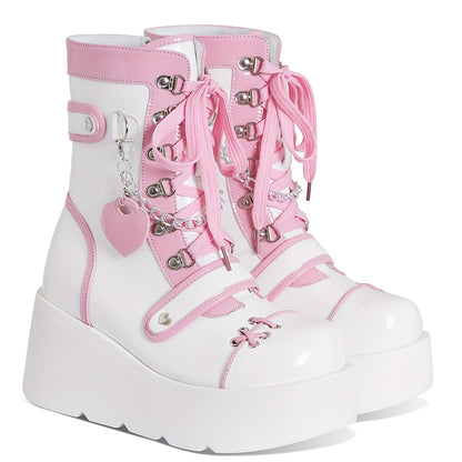 [Goth Rave High Heel Boots] Goth Rave High Heel Round Toe Zipper Wedges Mid Calf Booties - Platform Ankle Boots For Women - Kawaii Shoes SS69