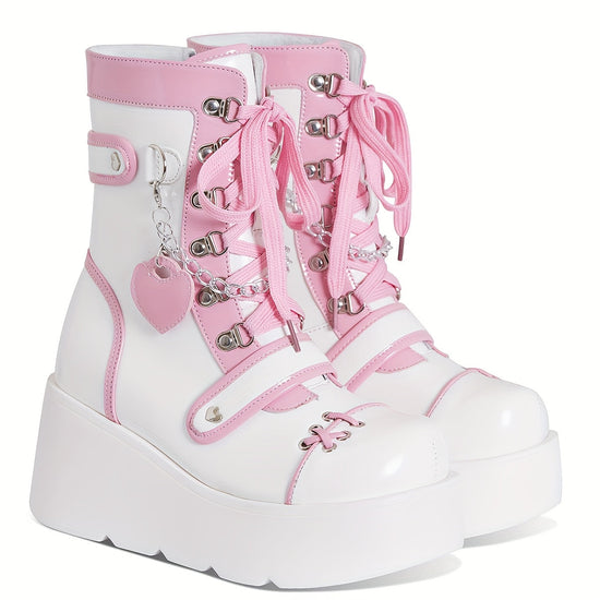 [Goth Rave High Heel Boots] Goth Rave High Heel Round Toe Zipper Wedges Mid Calf Booties - Platform Ankle Boots For Women - Kawaii Shoes SS69