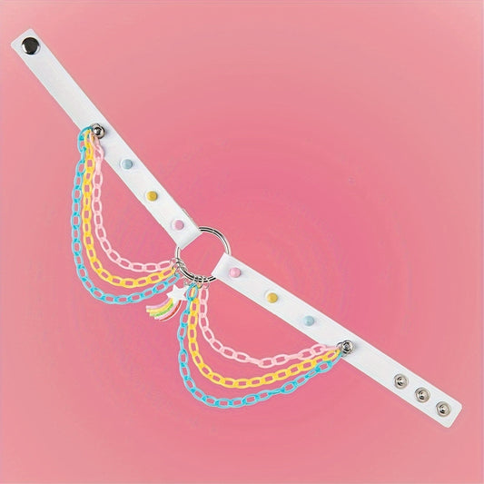 [Rainbow Choker Necklace for Party] Sweet and Edgy PU Leather Rainbow Choker Necklace - Perfect for Everyday and Party Wear SS69