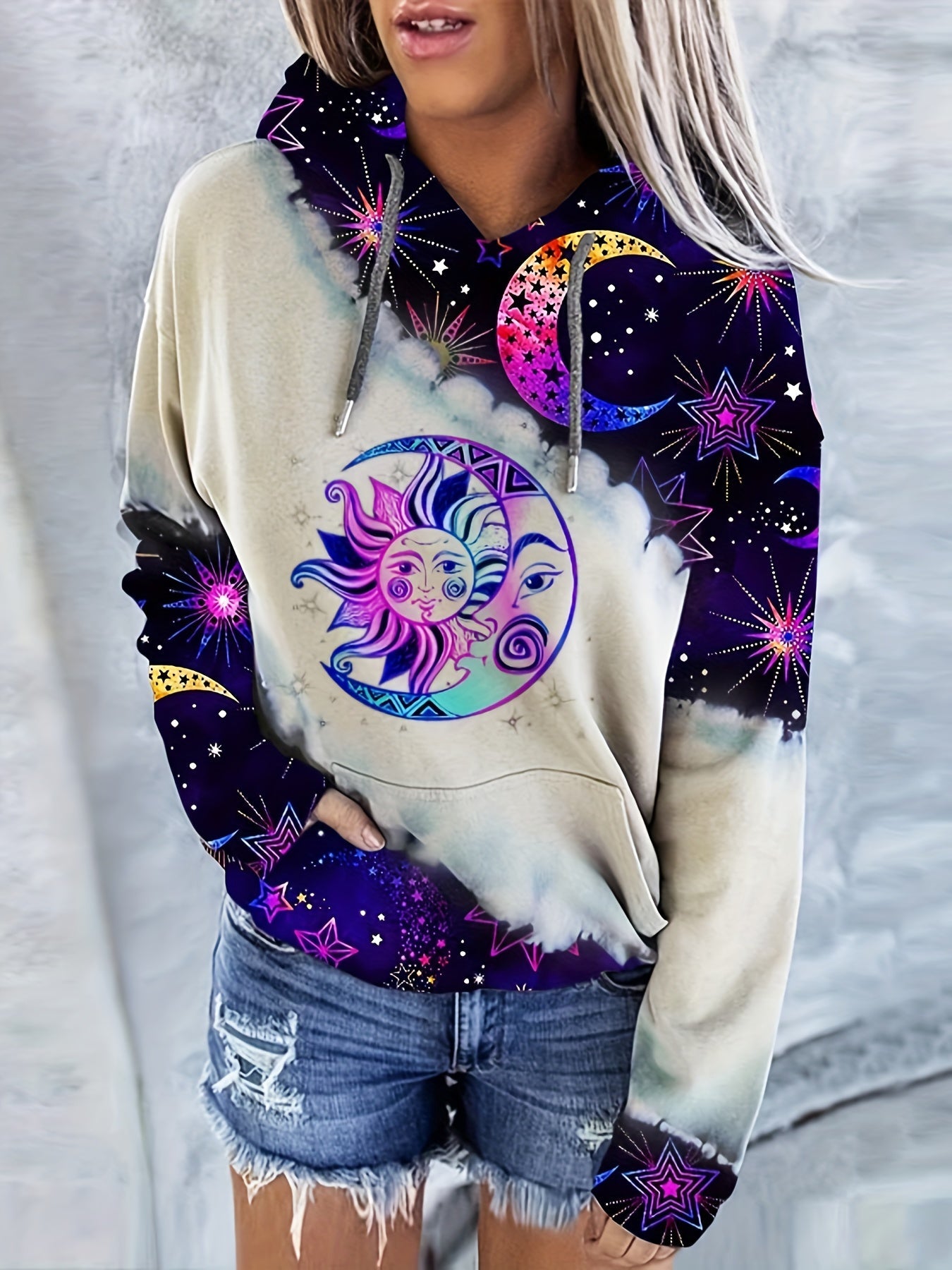 Casual Long Sleeve Moon & Tree Print Drawstring Hoodie - Kangaroo Pocket Sweatshirt for Women SS69