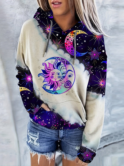 Casual Long Sleeve Moon & Tree Print Drawstring Hoodie - Kangaroo Pocket Sweatshirt for Women SS69
