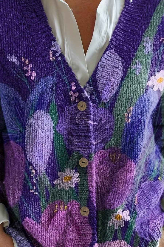 Plus Size - Plus Size - Plus Size - Plus Size - Plus Size, Women'S Elegant V-Neck Cardigan with Vibrant Floral Print - Button-Up Sweater for Fall/Winter, Long Sleeve, All-Over Pattern, Cozy Fall Wear | Vibrant Floral Print |